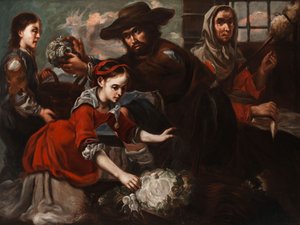 Piaci jelenet egy fiatal káposzta eladóval és egy öreg furcsasággal